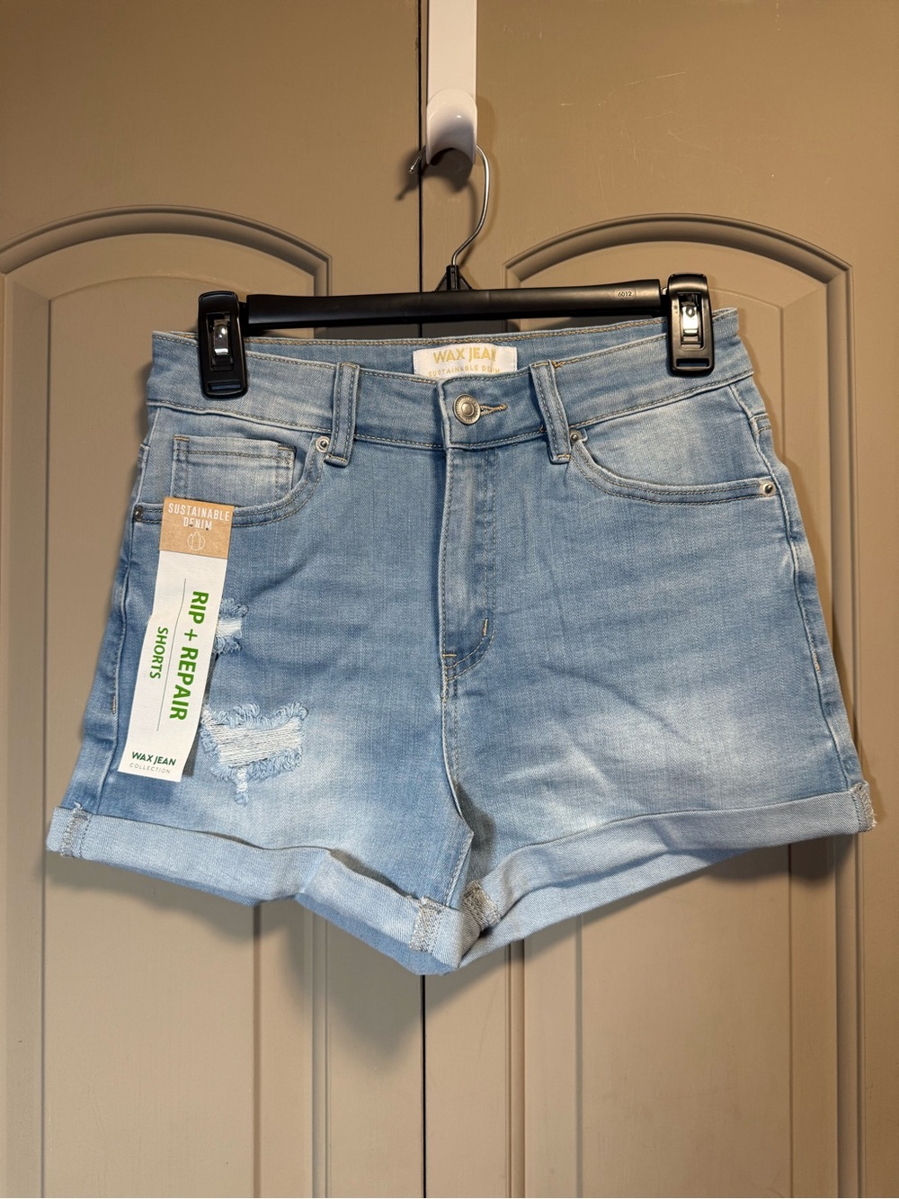 Wax Jean Light Blue Distressed Roll-Hem Denim Shorts